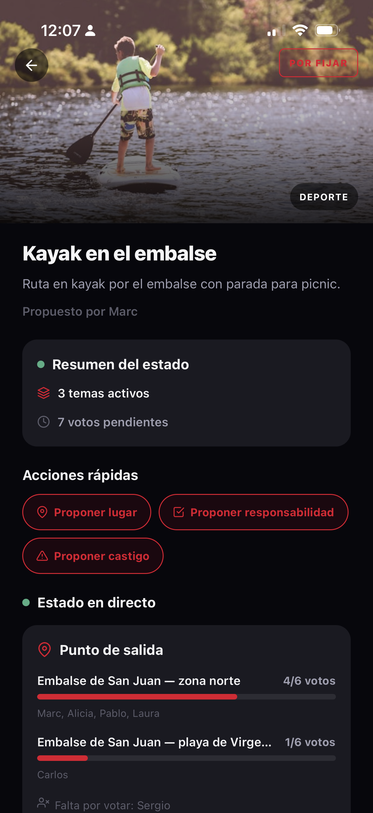 Pantalla de decisión grupal en Zest